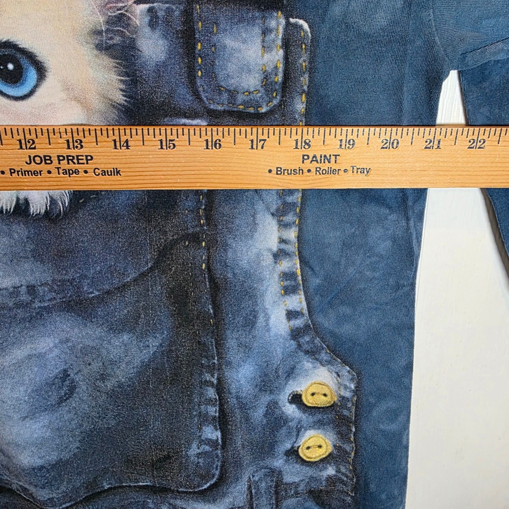 VTG Y2K The Mountain Long Sleeve Tee Shirt Cat Kitten Overalls Unisex Large Blue - Picture 9 of 10